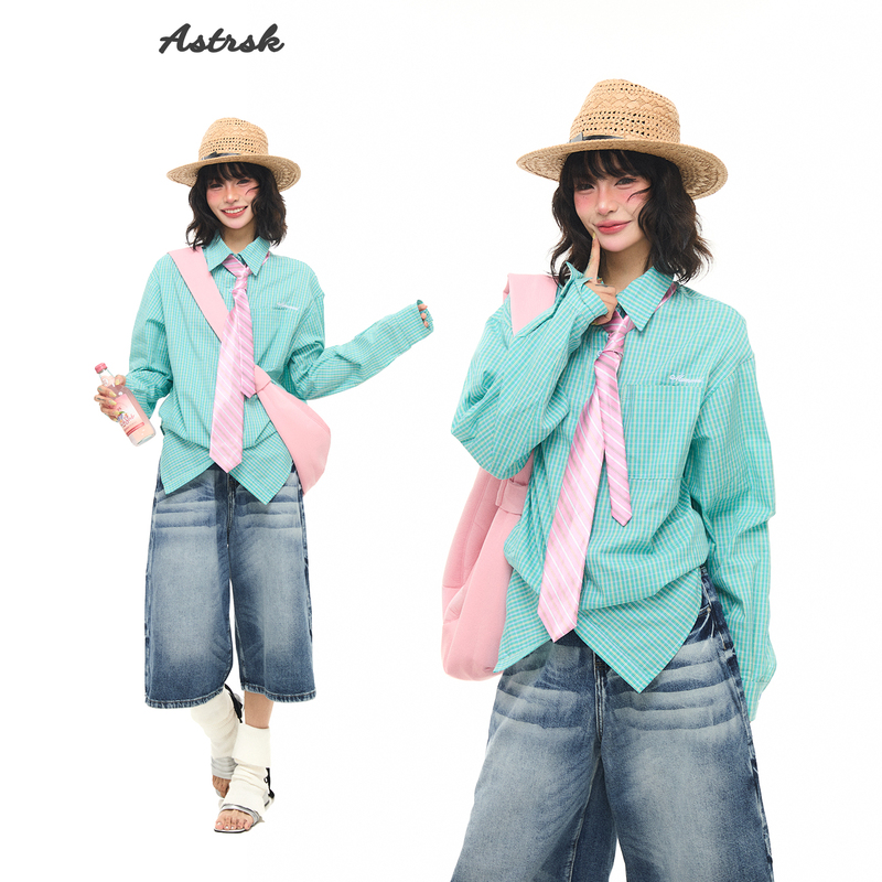 Astrsk Korean Style Mint Mambo Green Striped Long-Sleeve Shirt Sun Protection Camisole Outerwear Loose Top for Women