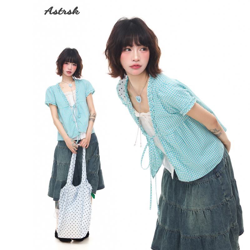 Astrsk Vintage Plaid Mesh Fake Two-Piece Short-Sleeve Shirt for Women, Summer Sweet and Age-Reducing Thin Cardigan Shirt Top