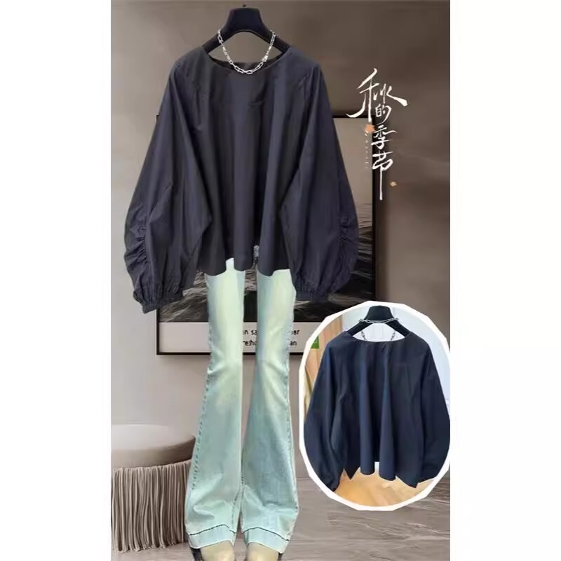 2026 Spring and Autumn New Style Plus Size Loose Shirt for Women with a High-End Feel, Stylish Pullover with Lantern Sleeves