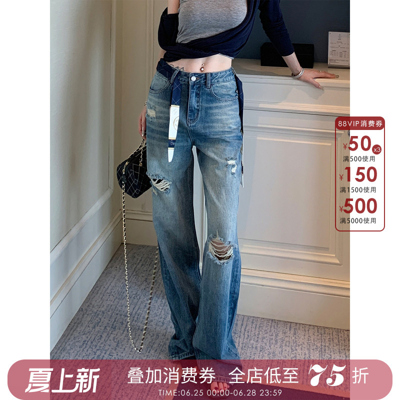 Yuan Yuan [Fashionable Model] Blue Jeans for Women 2026 New Low-Waist Straight-Leg Pants Ripped Jeans for Women