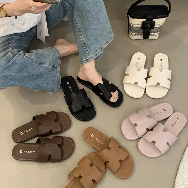 Thedoudou High-Fashion ~ Korean-Style Simple H-Shaped Flat Flip-Flops with Soft Soles, Comfortable Beach Non-Slip Sandals