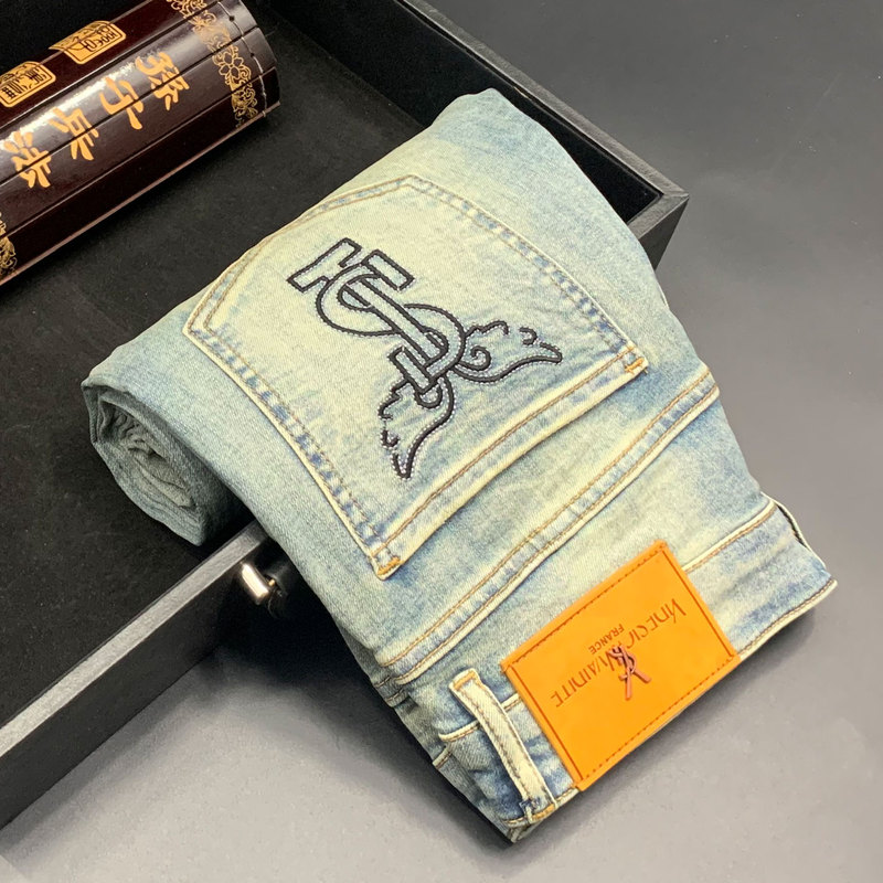 Italian New High-End Washed Vintage Jeans for Men, Slim Fit, Straight Leg, Embroidered Long Pants, Retro Long Trousers for Men