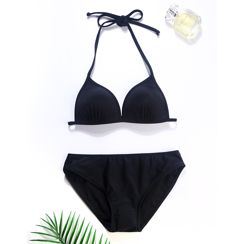 New Style Swimsuit, Feminine Black Small Bust Push-Up Three-Point Style, Model Shows Long Legs, Performance Bikini Swimwear