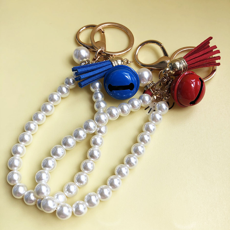 Imitation Pearl Short Tassel Keychain, Bell Keychain Pendant, Bag Decoration, Yarn Crochet Accessories