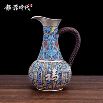 Silver Age Cloisonné Baifuku Sterling Silver 999 Wine Jug Home Light Luxury 250ML Chinese Antique Wine Dispenser