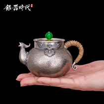 Silver Age sterling silver 999 household bubble tea kettle carved vintage God Beast mouth tea ceremony Jade silver pot