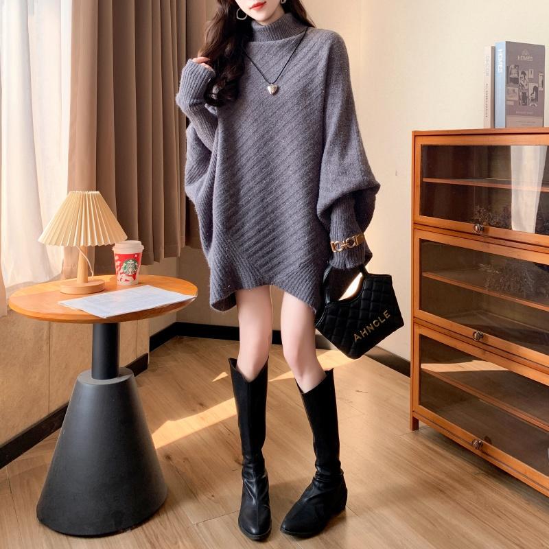 Lazy Style Loose Large Size Sweater for Women Autumn and Winter New Korean Style Mid-Length Bat Knit Sweater Outer Wear Base Layer Top