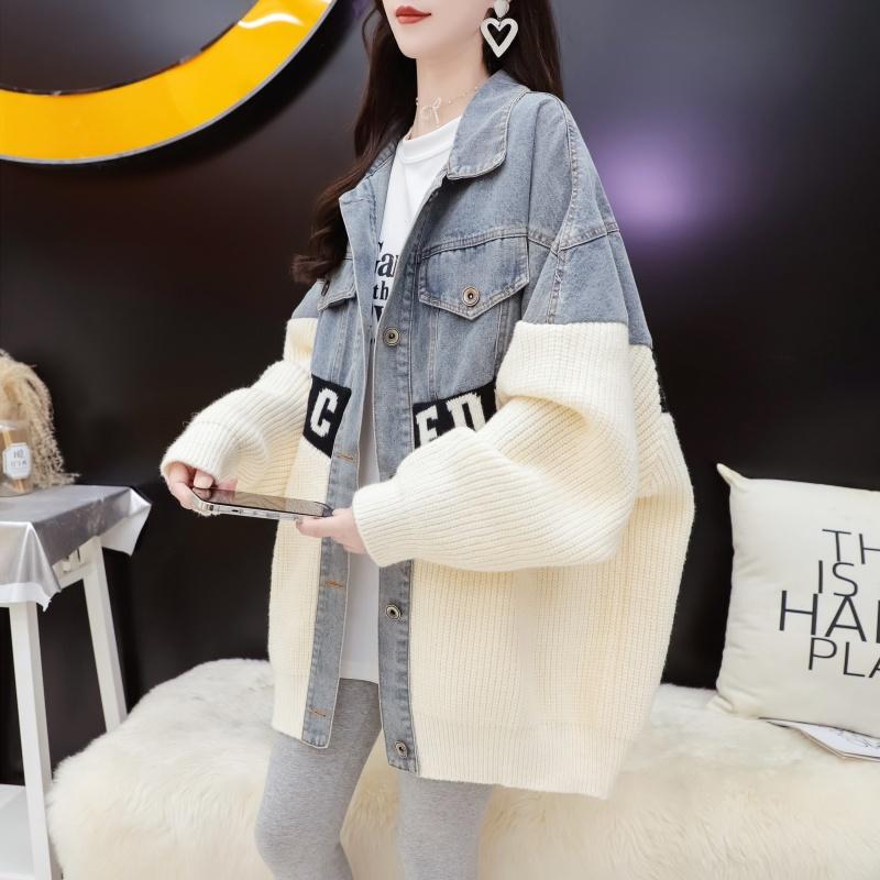 Designed Denim Patchwork Knit Cardigan for Women 2024 Korean Style Autumn and Winter New Lazy Style Age-Reducing Sweater Cardigan