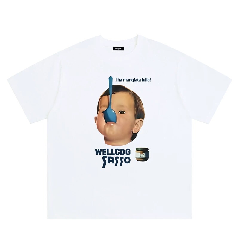 Welldone Track*26Ss American Trendy Brand Fun Boy Print Heavy Loose Cotton Short-Sleeve T-Shirt