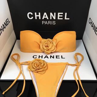 Idol New Store Temperament Sister Outfit Ginger Yellow Strapless Floral Bikini Swimsuit Women's Knitted Dress