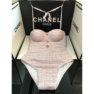 Idol New Store Korean-Style Tweed Elegant Socialite Pink Camisole Small Bust Push-Up Underwire One-Piece Swimsuit for Women