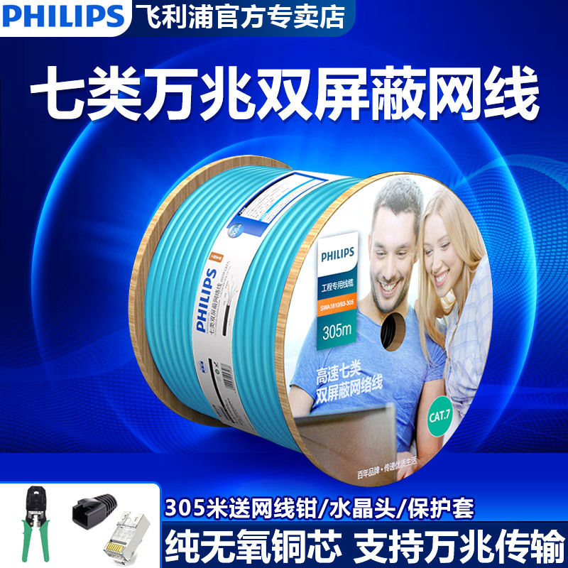 Philips Category 7 Double-Shielded Network Cable, 10 Gigabit Commercial Version, Oxygen-Free Copper High-Speed Cat7 Engineering Cable