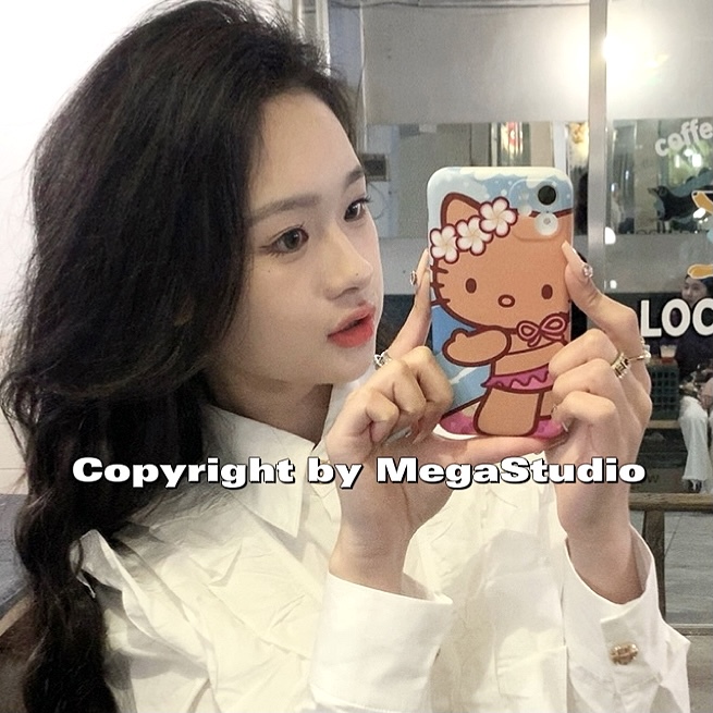 Megastudio Girly Heart Cute Hawaiian Black Leather Surf Kt Cat Imd Mobile Phone Case Suitable for Apple 15Promax Cartoon Holiday Style iPhone 14 /13/12