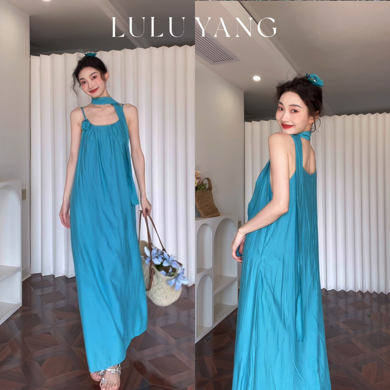 【Shilan】High-End, Lazy-Style Floral Strap Dress That Reaches the Ankles, with a French-Style Loose Fit and an Atmospheric Feel