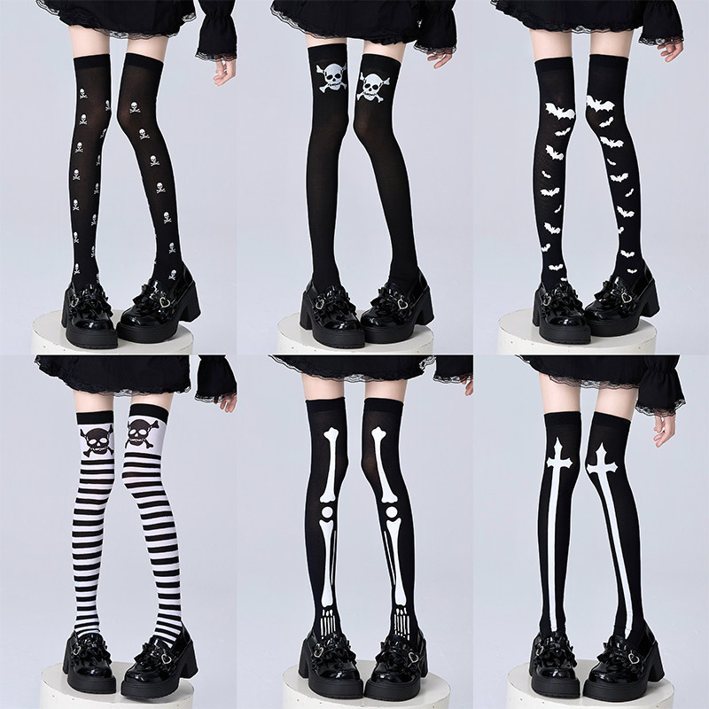 A collection of over-the-knee socks, JK punk mass-produced Halloween cross bat skeleton black stockings hot girl's thighs
