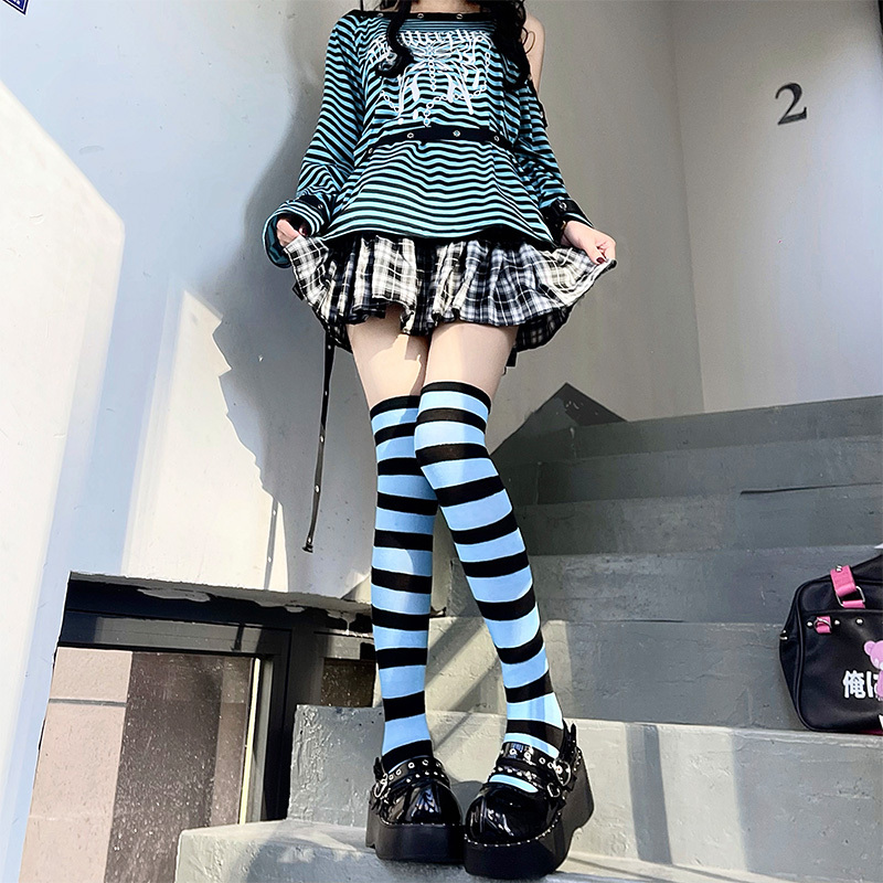 Colorful Striped Over-The-Knee Socks Japanese Cosplay Anime Y2K Black and White Gray Striped Slimming Thigh-High Socks Colorful Striped Over-The-Knee Socks Japanese Cosplay Anime Y2K Black and White Gray Striped Slimming Thigh-High Socks
