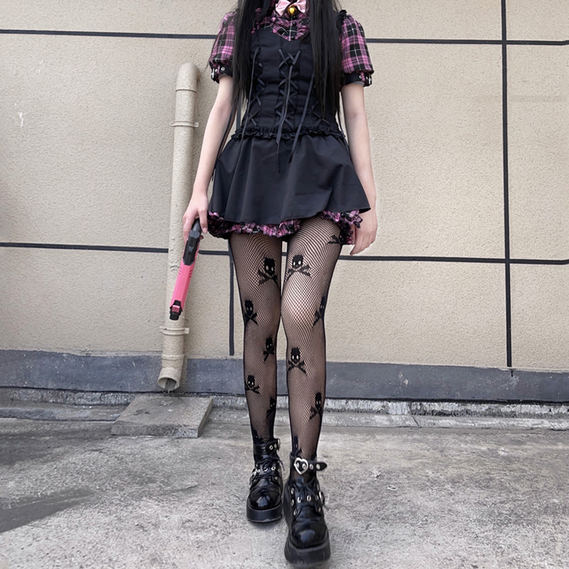 Dark Gothic Skull Pantyhose for Women, Trendy Slim-Fit Sexy Spider Fishnet Hollow-Out Jk Black Stockings