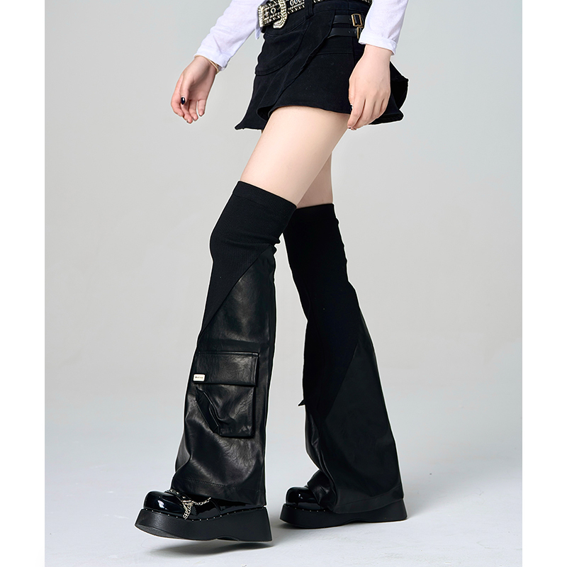 Trendy Black Functional Style Leg Warmers Y2K Pu Leather Patchwork Over-The-Knee Socks Women's Pocket Leather Pants ins Trendy Socks
