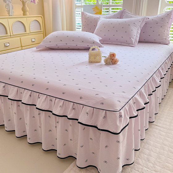 New A-Class Bed Skirt, Single Piece, Solid Color, Pure Cotton, Double-Layer Lace, Princess Style, Suitable for All Seasons, Fitted Sheet Cover, Three or Four-Piece Set 4