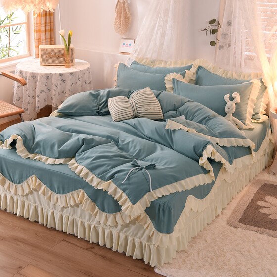 Pure Cotton Four-Piece Set, Princess Style, 100% Cotton Bed Sheet, Duvet Cover, Bed Skirt, Single/Double Ruffled Bedding