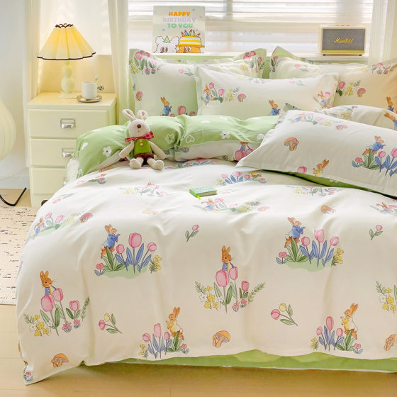 100% Pure Cotton Four-Piece Set, Thickened Bed Sheet and Duvet Cover, Student Dormitory Single Cartoon Bedding Three-Piece Set 4
