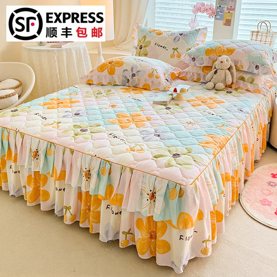 Thickened Quilted Bed Skirt Style Pure Cotton Bed Cover Dustproof Single Piece 1. 51.8m All-Cotton Bed Cover Non-Slip Fitted Sheet with Skirt