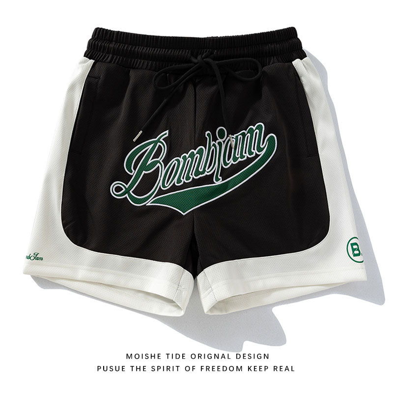 Moishe Tide Color-Blocked Letter Embroidery Casual Sports Shorts for Men, Loose Basketball Fitness Running Shorts