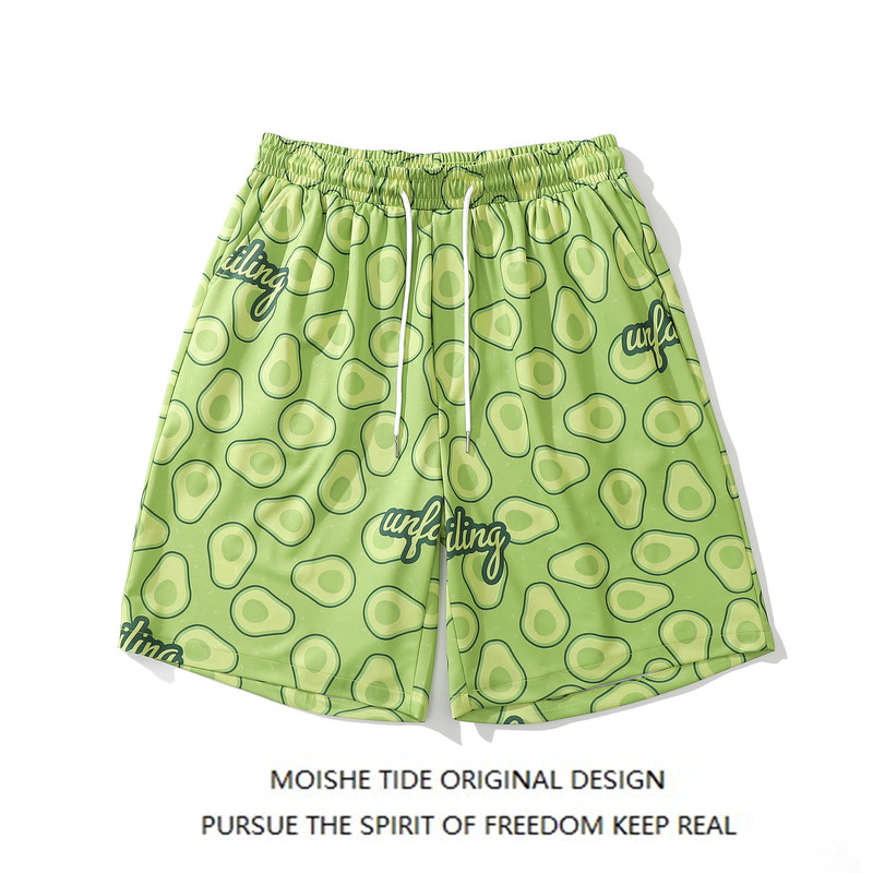Moishe Tide Hawaiian Avocado Green All-Over Print Sports Shorts for Men and Women, Loose Casual Beach Shorts