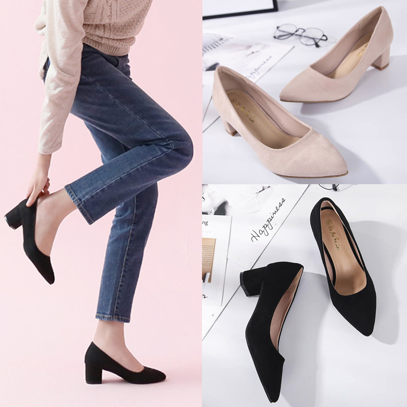 Spring High-Heeled Shoes for Interviews, College Students, Host Etiquette, Medium Chunky Heel Pumps, Shallow Mouth Formal Shoes, Professional Commuting Women's Shoes