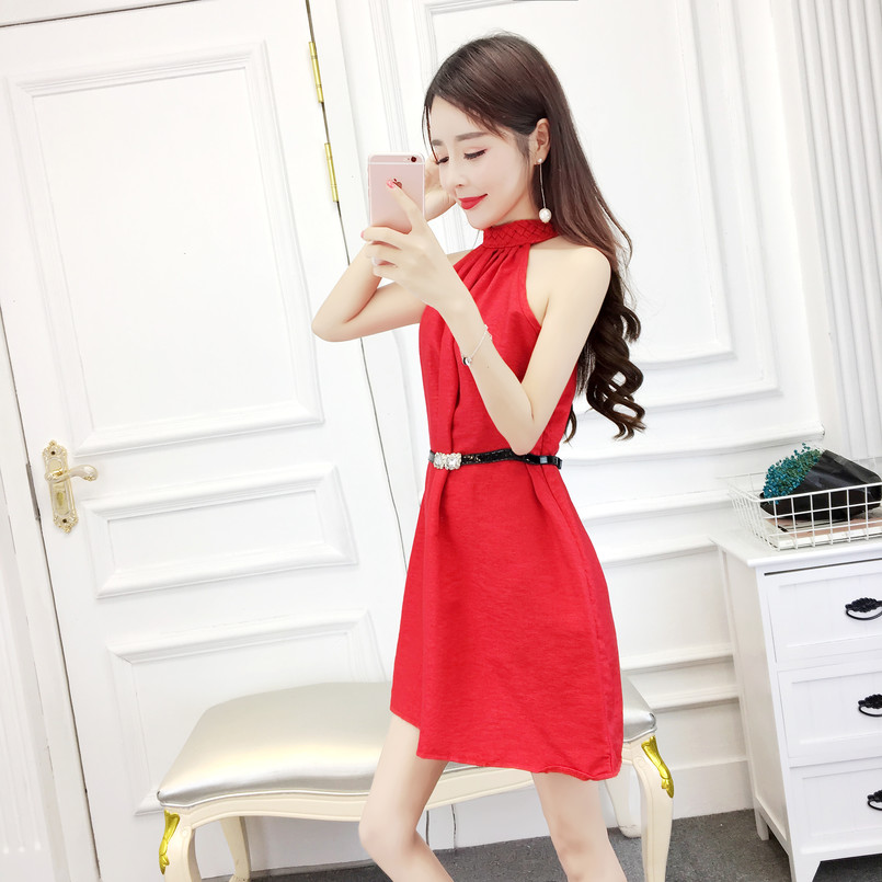 18 nữ mùa hè tường treo váy váy không tay khí quây lỏng một từ Hàn Quốc vest đầm với vành đai các kiểu váy đầm chữ a