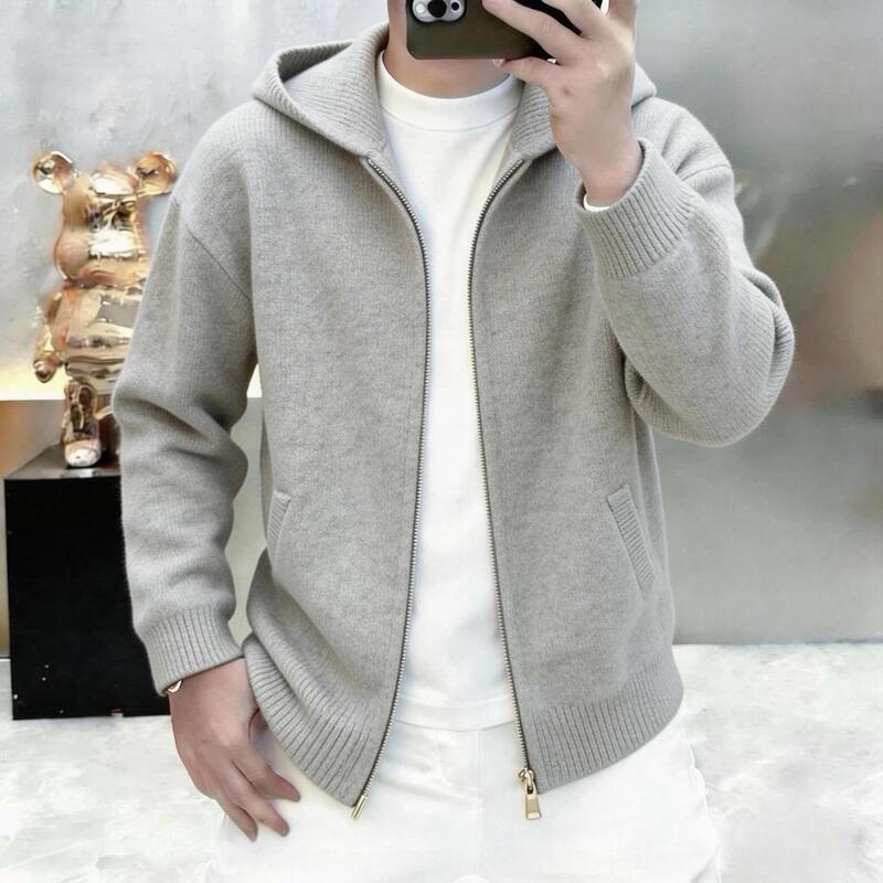 High-End Hooded Knitted Cardigan for Men 2026 Spring and Autumn New Fashion Simple Solid Color Versatile Sweater Jacket 007