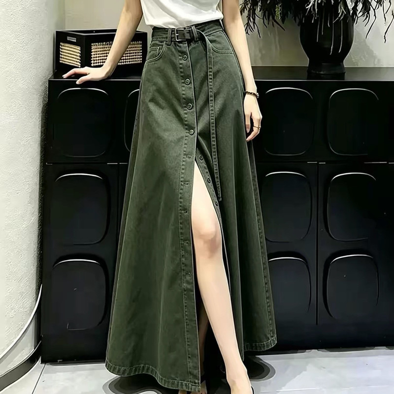 Military Green Buttoned Skirt for Women 2026 Trendy New High-Waisted Slimming Slit Fashionable Versatile Mid-Length Skirt