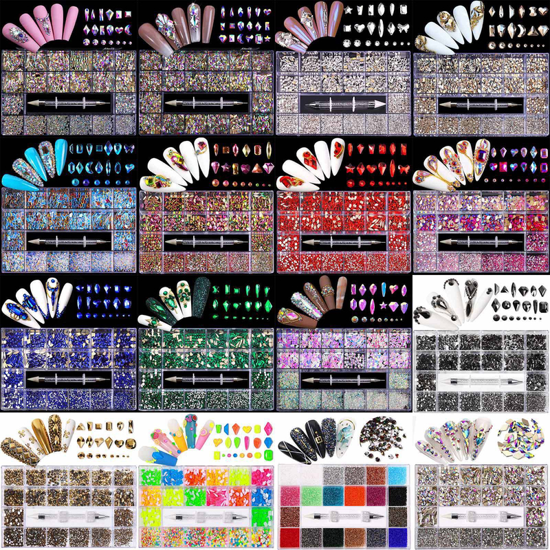 Nail Art Rhinestones 21-Grid Box Set, Flat-Bottom Glass Irregular-Shaped Rhinestones, DIY Nail Rhinestone Nail Art Decoration Set