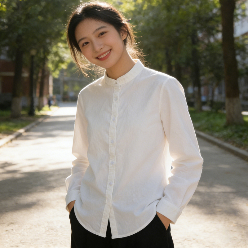 Long-Sleeved College-Style Round-Neck White Shirt for Women, New Spring and Autumn Commuter Solid Color Base Shirt, Small Size Stand-Up Collar Top