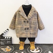 Boys medium long woolen coat 2021 Winter Korean version of childrens cotton clip thick Foreign warm woolen coat tide