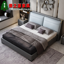 Leather bed double bed 1 8 m 1 5 real leather bed modern simple bedroom solid wood small apartment Nordic Italian light luxury bed