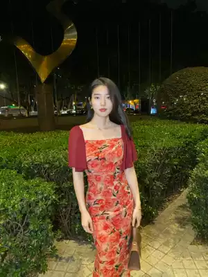 Zhao You Zhen retro wine red sleeve waist slim long skirt French design sense peony print dress female summer