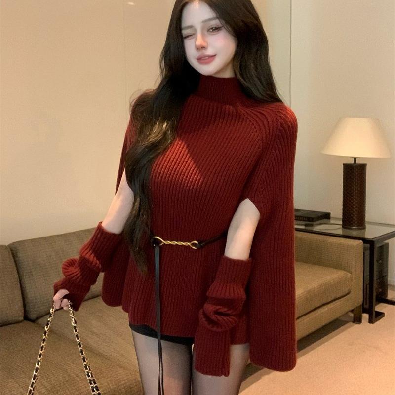 French-Style Socialite Half-High Collar Cape Shawl Knit Sweater for Women, Autumn and Winter Sweater, Korean-Style Lazy Style Outerwear Top