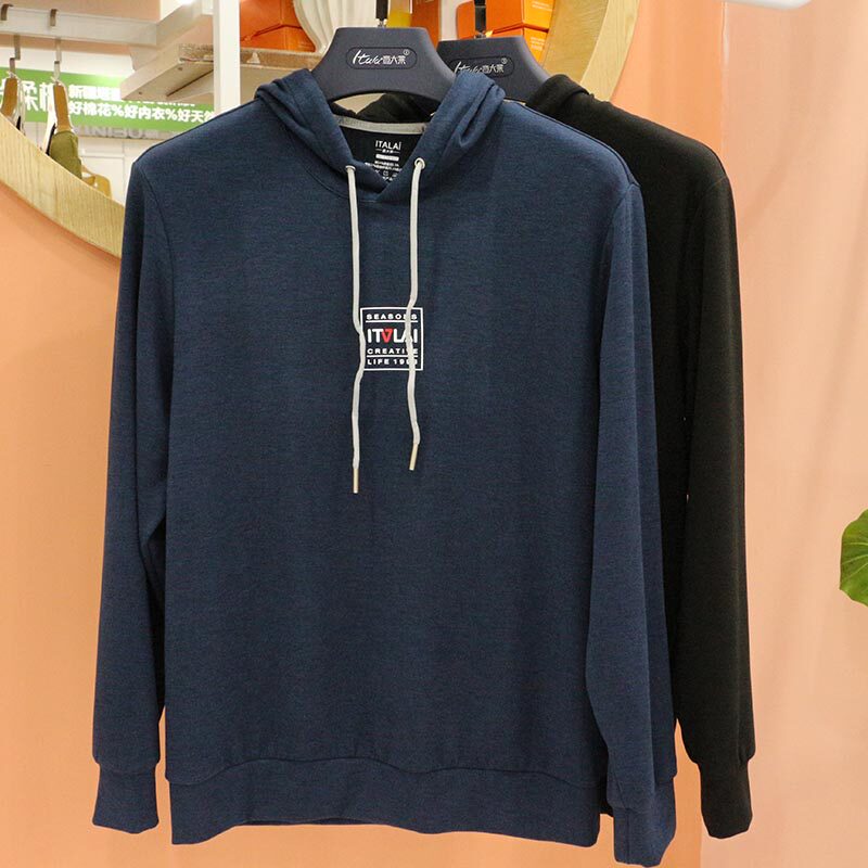 Italian Lai autumn and winter men's hoodie silk plus velvet thick cotton T long-sleeved solid color warm top 1674