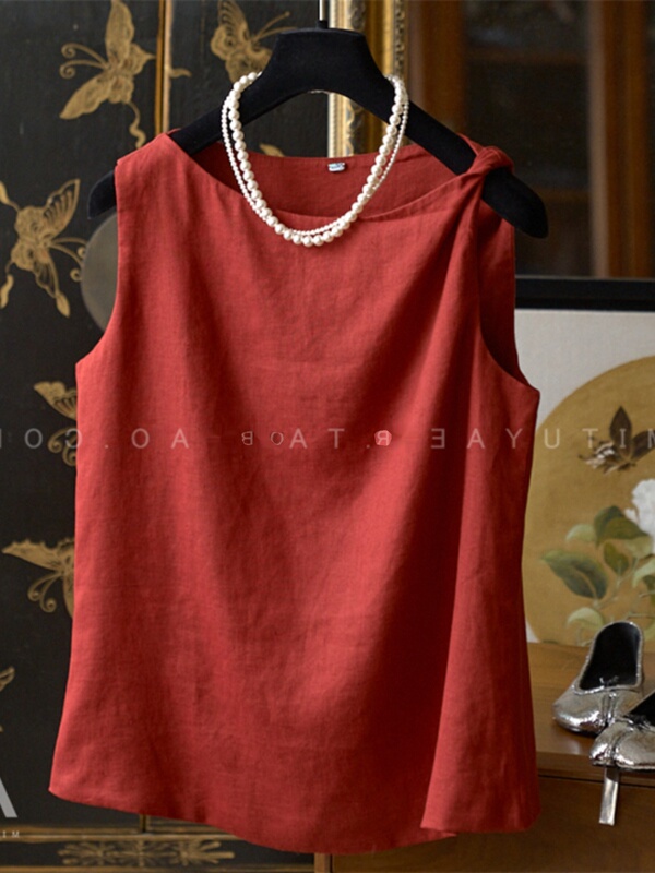 2025 Summer New Design Twist Knot Off-Shoulder Red Linen Sleeveless Tank Top for Women, Loose and Versatile Top