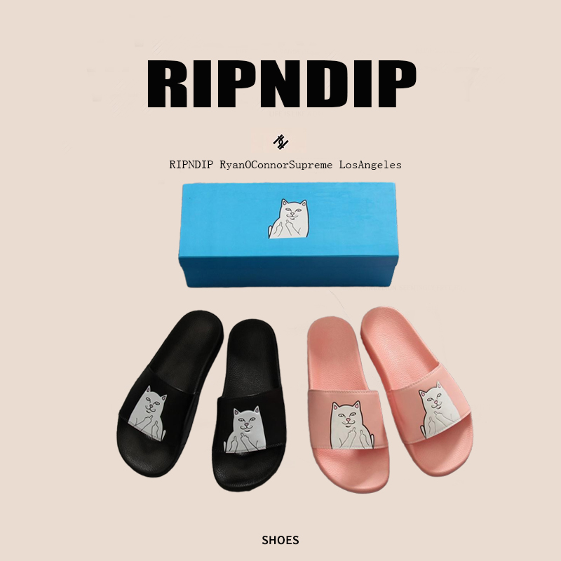 Authentic European and American Ripndip Casual Slippers for Couples, Non-Slip and Wear-Resistant, Middle Finger Cat Design, Soft-Soled Beach Shoes for Men and Women