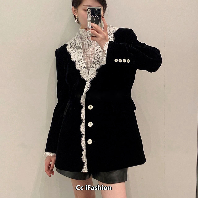 Korea EENK jacket velvet lace side splicing V collar suit black French style 21 autumn and winter domestic