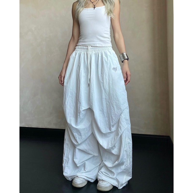 Yammyuki American Casual Elastic Waist Drawstring Embroidered Pleated Jazz Loose Floor-Length Dance Parachute Quick-Dry Pants Yammyuki American Casual Elastic Waist Drawstring Embroidered Pleated Jazz Loose Floor-Length Dance Parachute Quick-Dry Pants