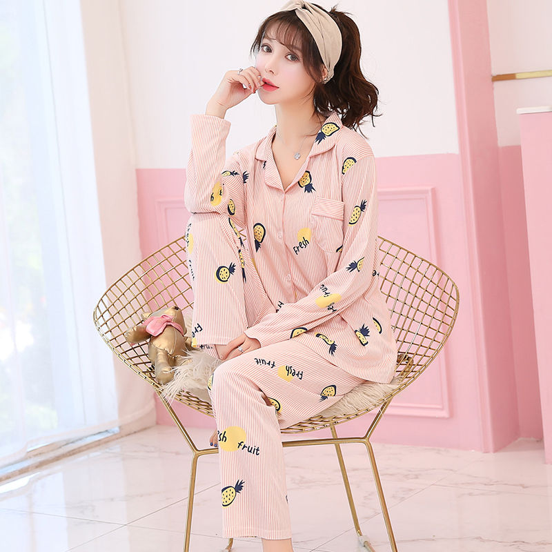 Mùa thu dài tay cotton cài cúc áo len nữ mùa xuân và mùa thu cộng với phân bón XL tháng phù hợp với dịch vụ nhà nữ quần áo ngủ nữ mùa đông
