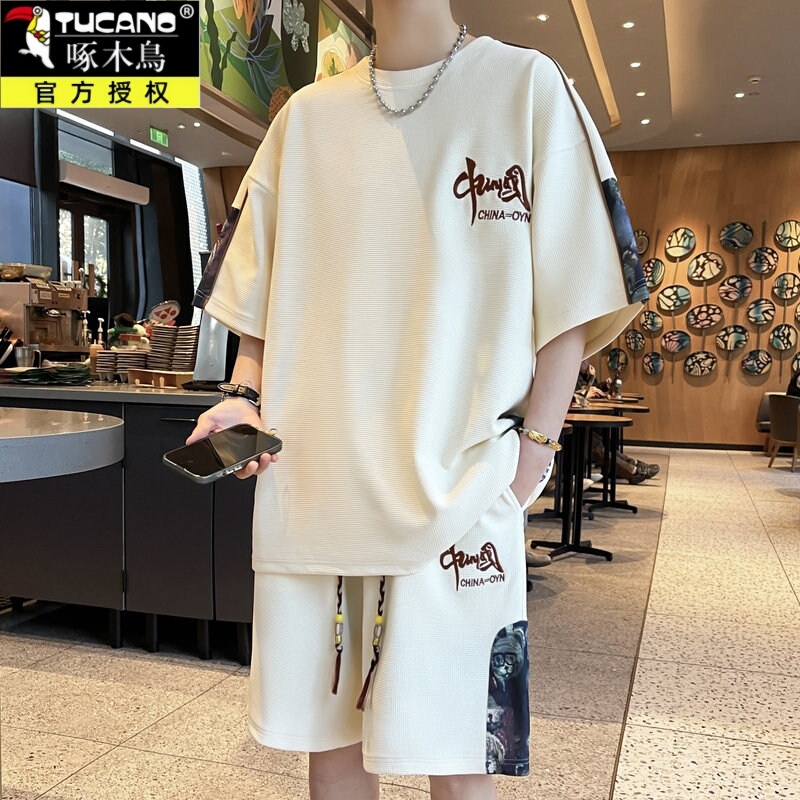 Woodpecker Chinese Style Casual Sports Suit for Men, Summer 2026 New Large Size Short-Sleeved T-Shirt and Shorts Two-Piece Set L