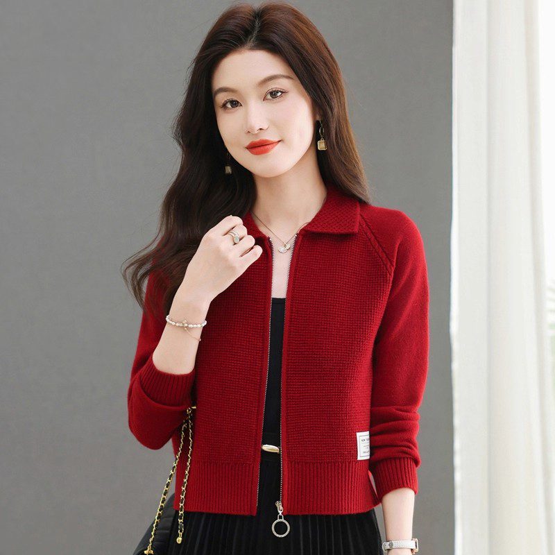 Short Wool Knit Cardigan for Petite Women, Spring and Autumn Outerwear, High-End Style, Lapel, Zipper, Short Length Short Wool Knit Cardigan for Petite Women, Spring and Autumn Outerwear, High-End Style, Lapel, Zipper, Short Length
