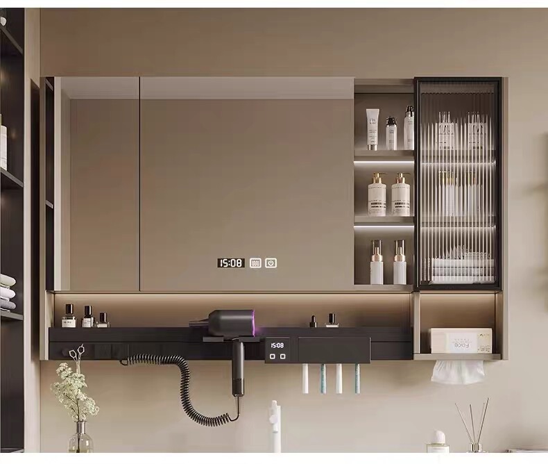 2026 New Model Bathroom Separate Toilet Wall-Mounted Smart Mirror Cabinet Multi-Functional Storage Rack Hair Dryer Toothbrush Holder