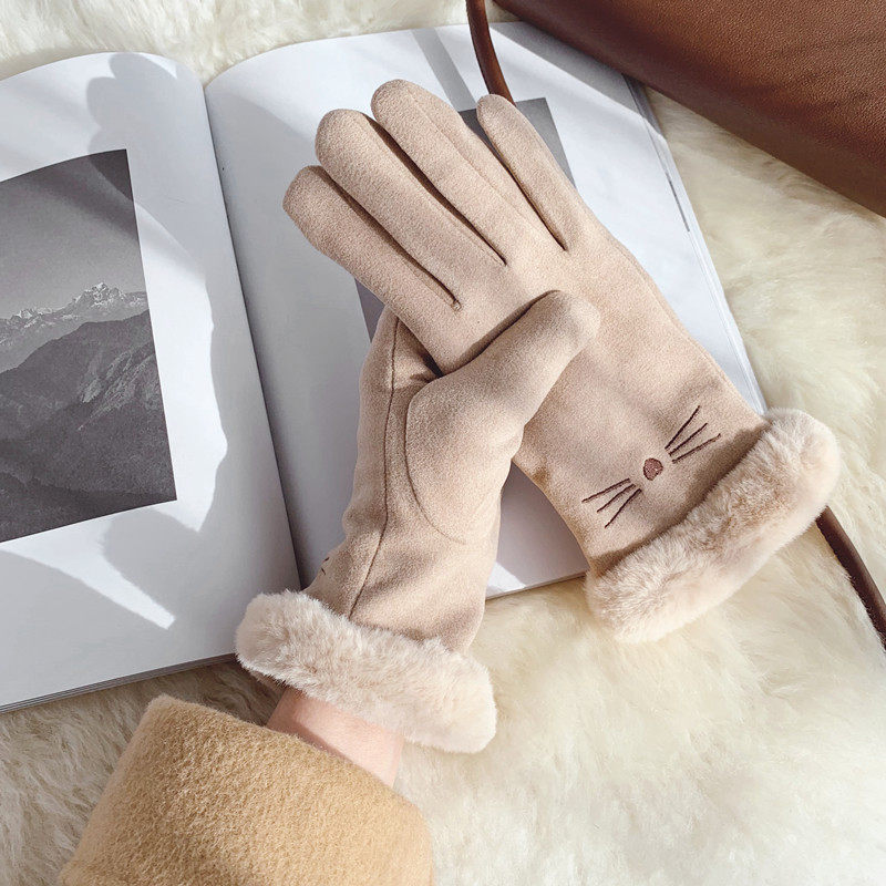 Yinghua cute cat gloves women's winter suede warm thick Korean version travel students cold finger touch screen