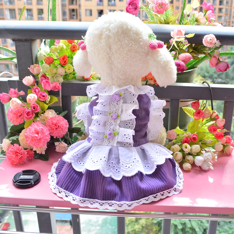 Pet Dog Teddy Pomeranian Clothes Spring and Autumn New Lolita One-Piece Dress Purple Corduroy with Leash Attachment