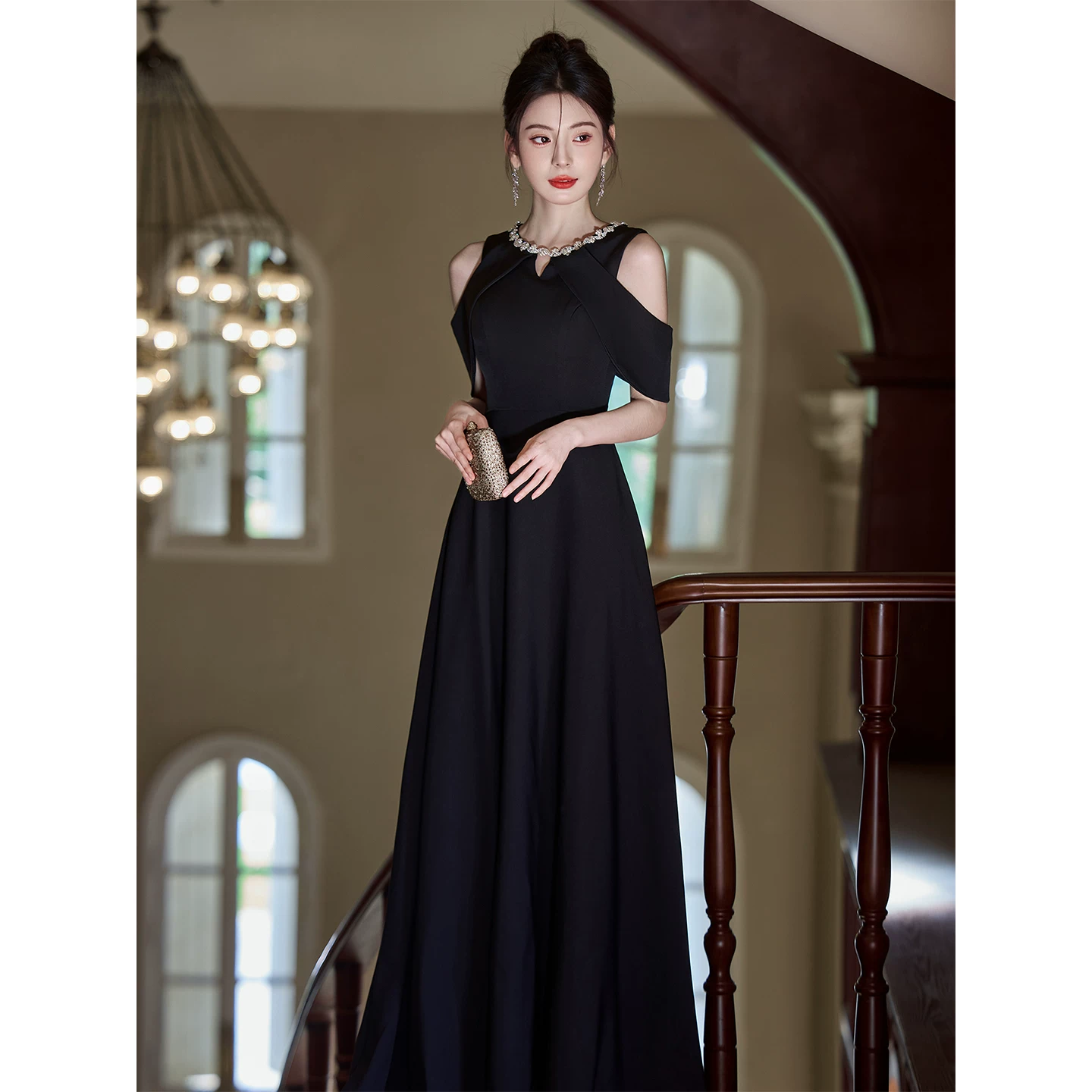Elite black evening dress, high-quality style, french style